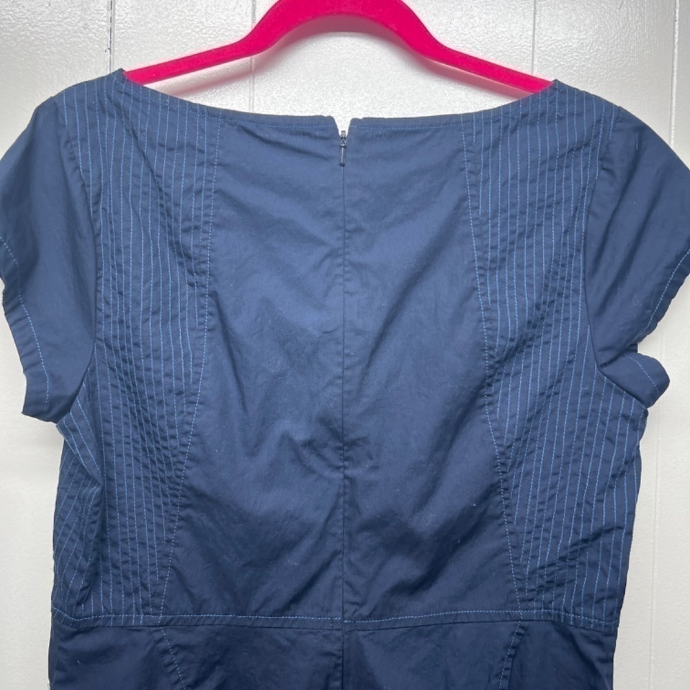 Women's Navy Blue Short Sleeve Midi Dress Size Large Side Pockets 100% Cotton - Picture 8 of 13